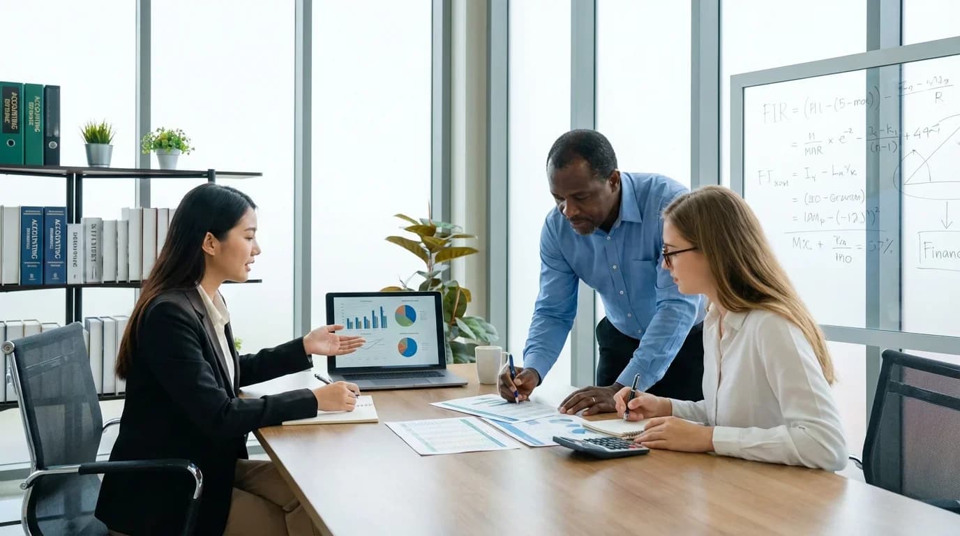Three professionals engage in a discussion around financial charts and documents in a modern office setting, emphasizing collaboration in accountancy training.