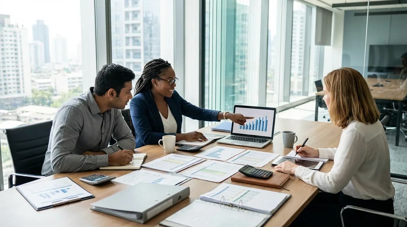 A diverse group of professionals collaborates in a modern office, analyzing financial data on a laptop and discussing strategies for business growth.