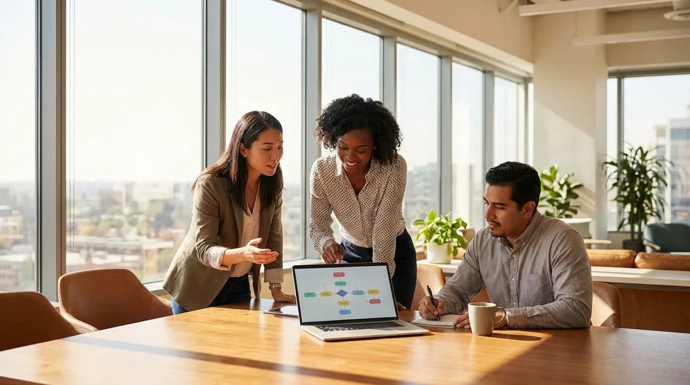 Three professionals collaborate around a laptop displaying a flowchart, in a bright, modern office setting, emphasizing teamwork in business management.