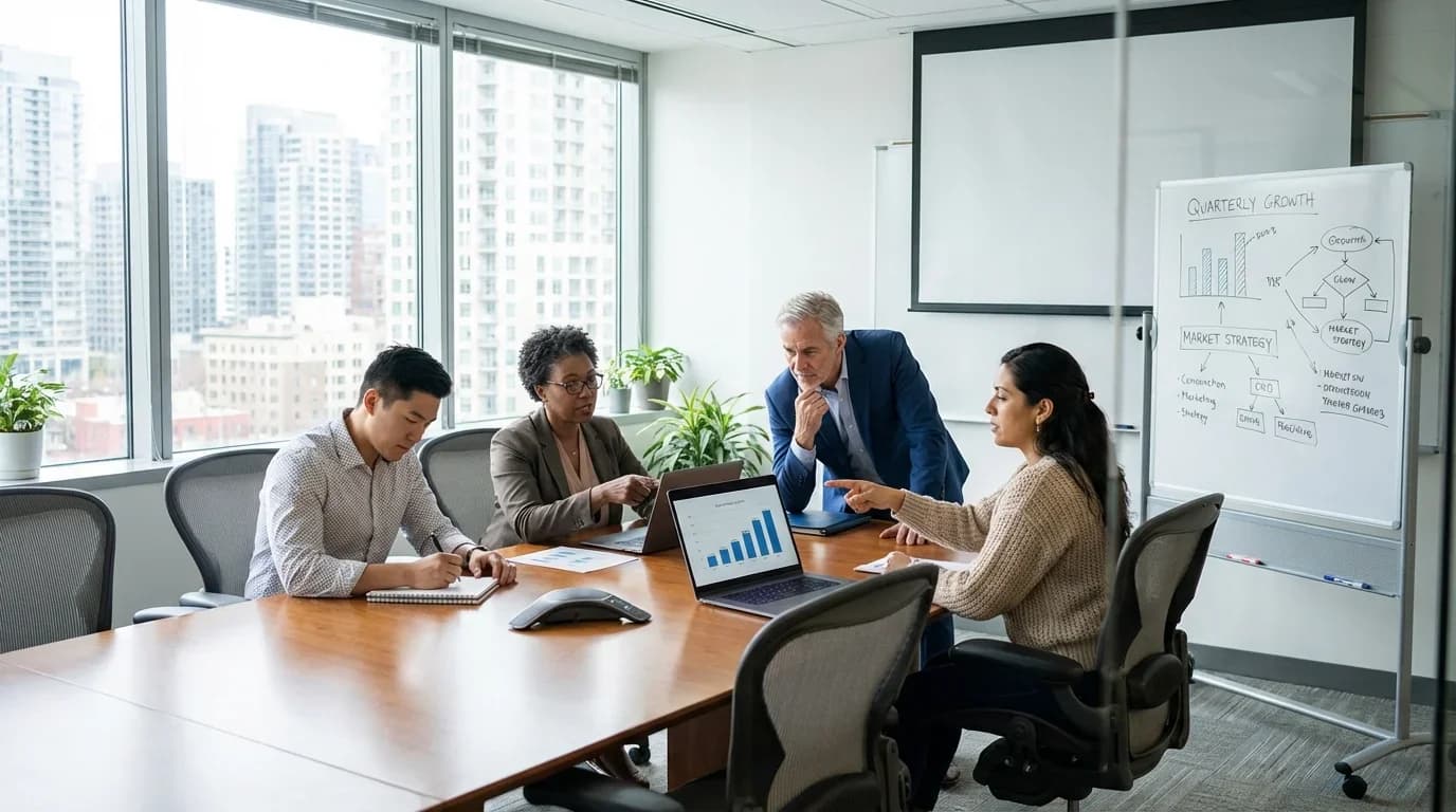 A diverse group of professionals collaborates in a modern conference room, analyzing data on a laptop and discussing business strategies.