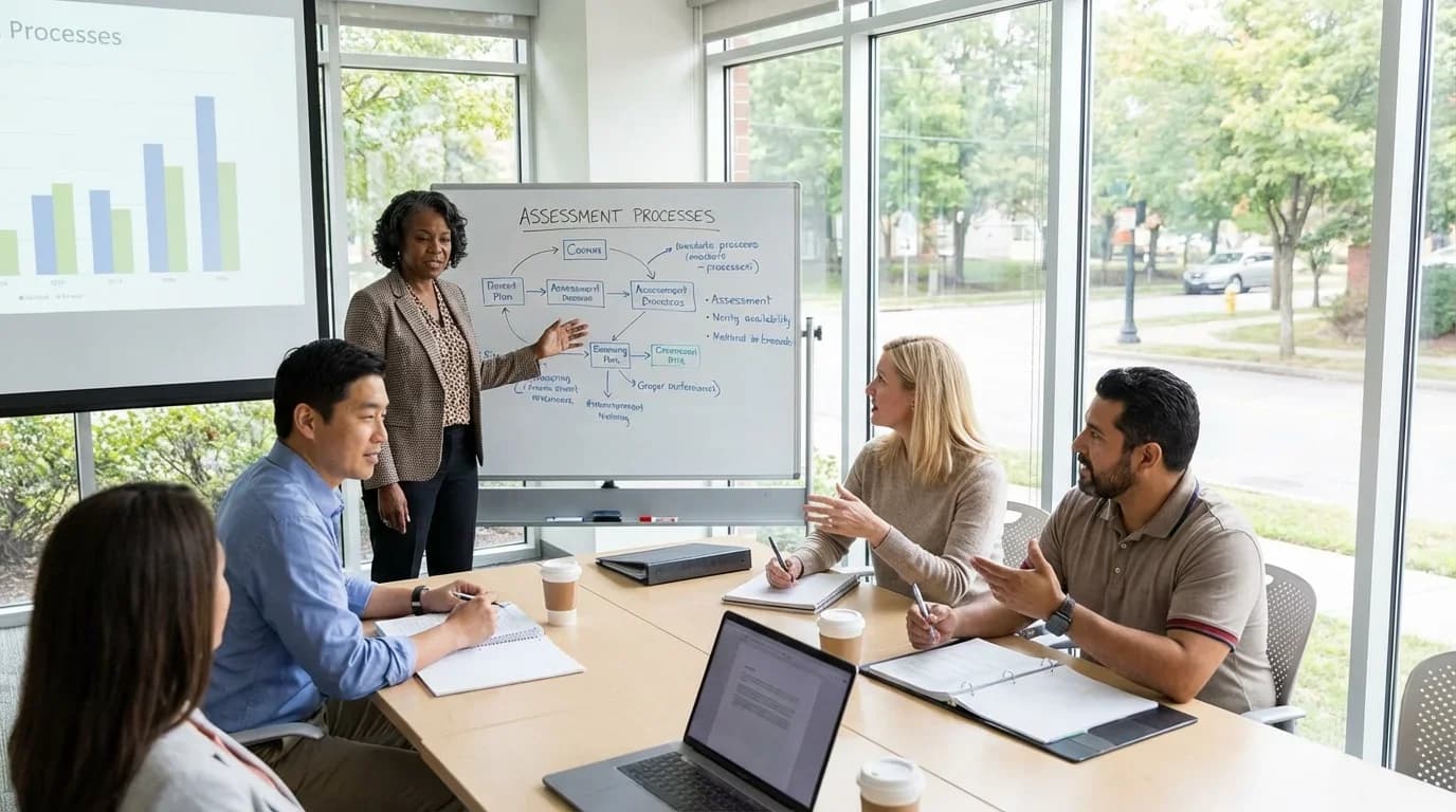 A diverse group of professionals engages in a training session about assessment processes, with a presenter at a whiteboard and laptops on the table.