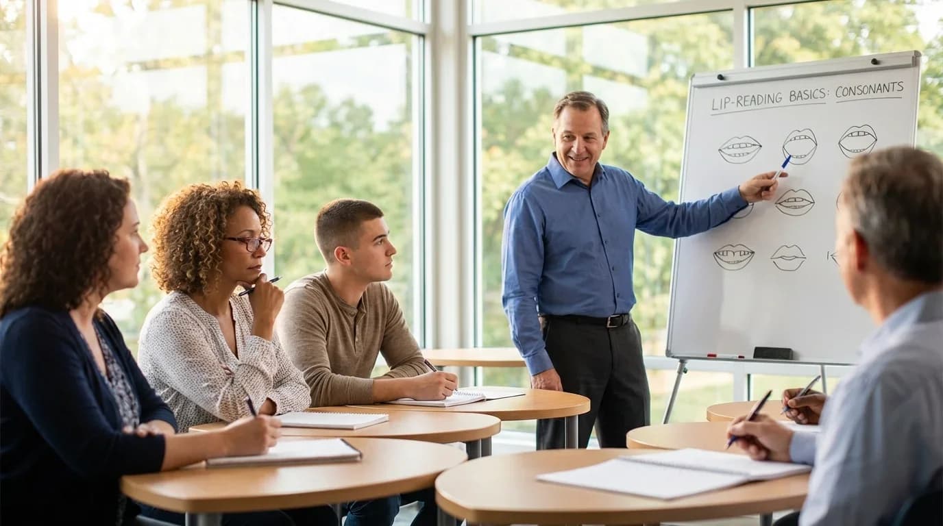A trainer teaches lip-reading techniques to engaged students in a bright classroom, using a whiteboard with visual aids.