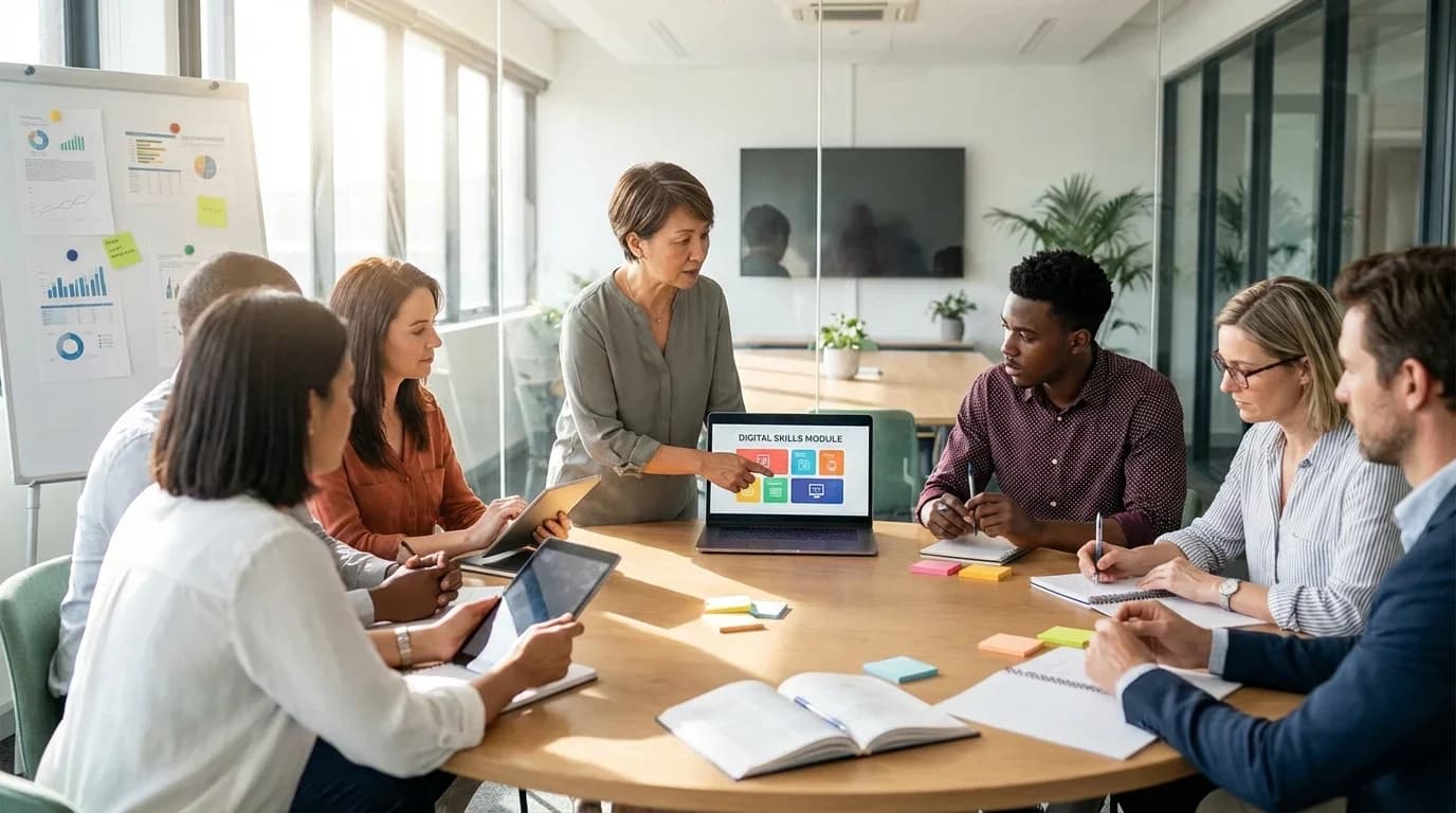 A diverse group of professionals engages in a training session, focusing on digital skills, with a laptop displaying relevant content in a bright conference ro…