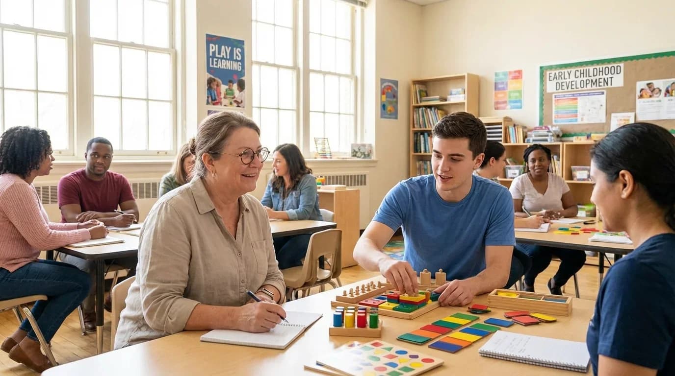 A diverse group of students engages in hands-on learning with colorful educational materials in a bright classroom, emphasizing early childhood education.