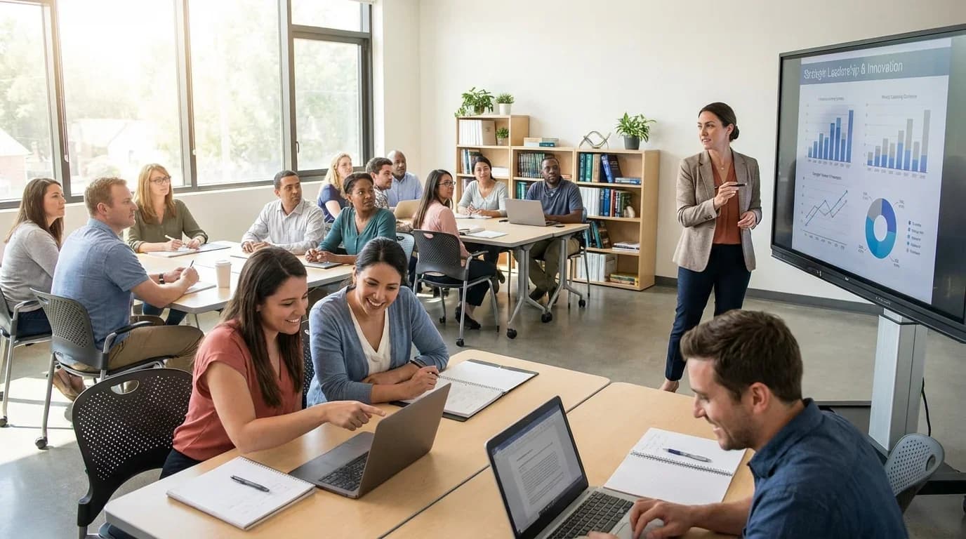 A diverse group of students engages in a classroom setting, focusing on a presentation about strategic leadership and innovation.