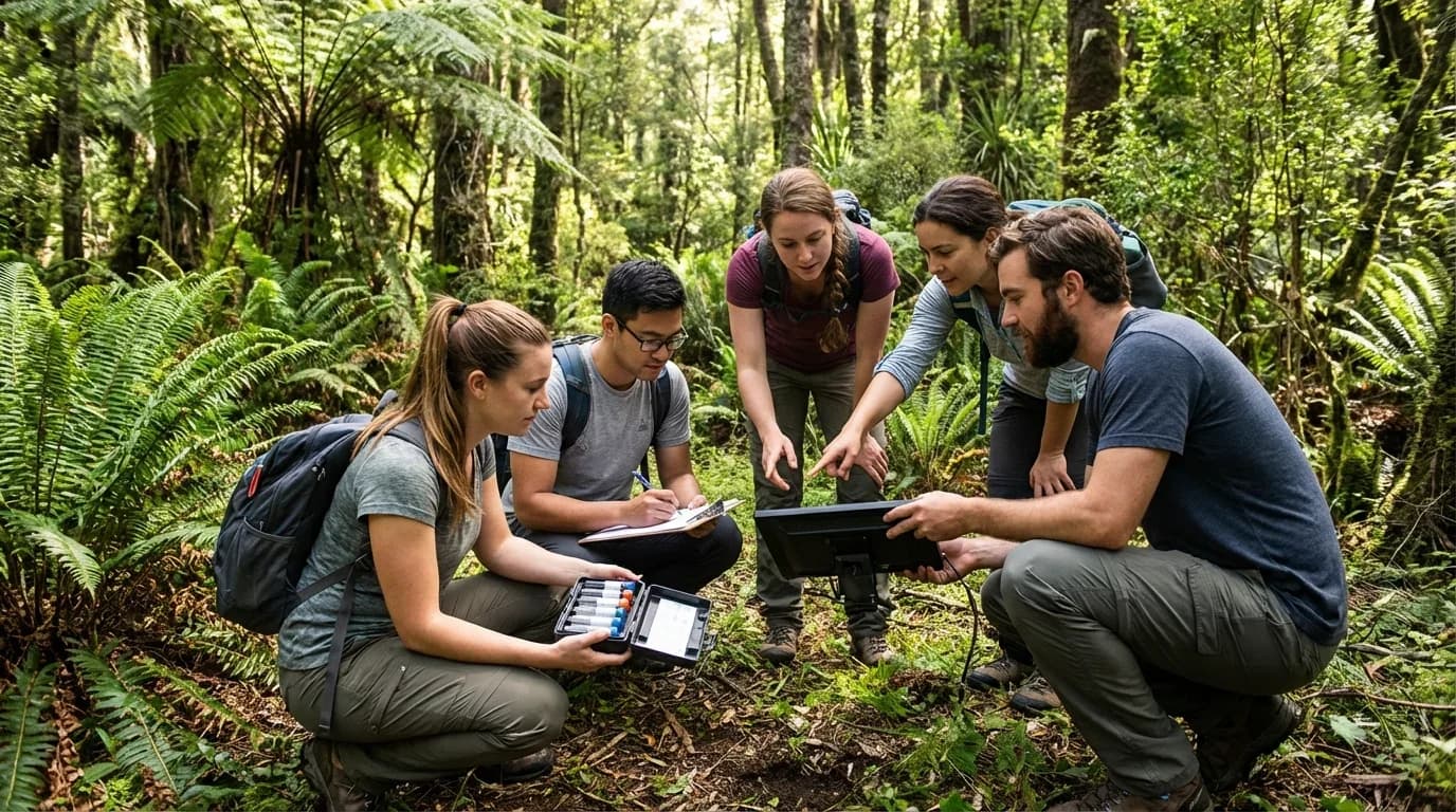 A group of five people in a lush forest, collaborating on environmental management tasks using equipment and notebooks.