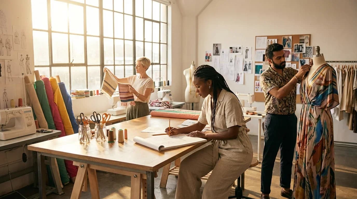 A bright fashion studio with three designers working on garments, surrounded by colorful fabrics and sketches, showcasing creativity and collaboration.