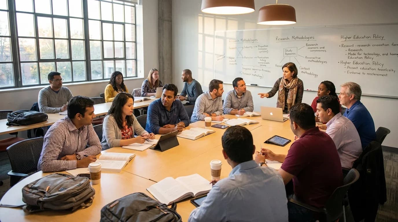 A diverse group of students engaged in discussion around a table, with laptops and books, in a bright classroom focused on higher education studies.