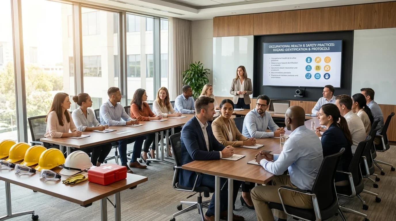 A diverse group of professionals engages in a training session on occupational health and safety, with safety equipment visible and a presentation in the backg…