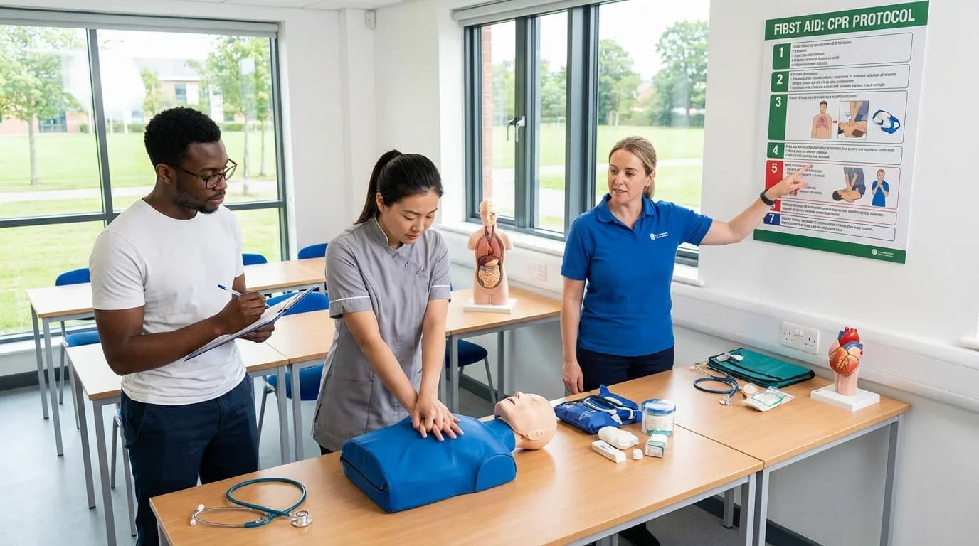 A diverse group of students practice CPR on a dummy while an instructor explains first aid protocols in a bright classroom setting.