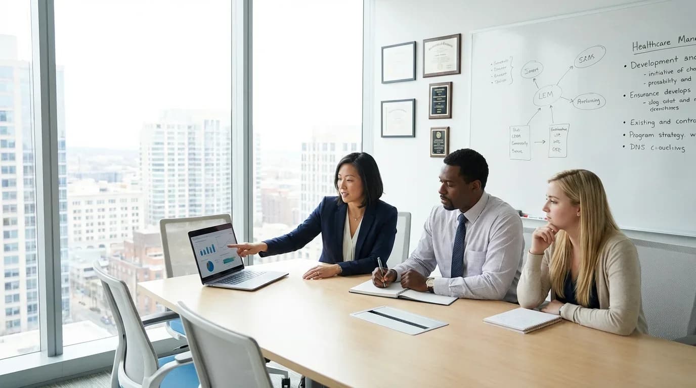 A diverse group of professionals engaged in a meeting, discussing health care management strategies with a laptop displaying data charts.