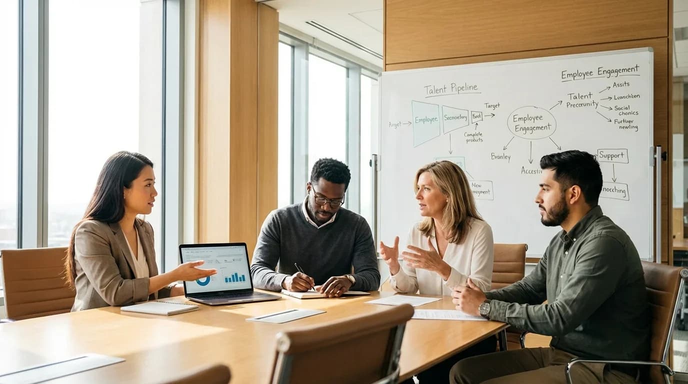 A diverse group of professionals engage in discussion around a conference table, with charts and notes on employee engagement and talent pipeline visible.