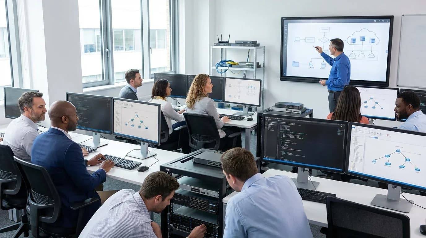A diverse group of students engages in a tech classroom, learning about information technology concepts from an instructor using a digital display.