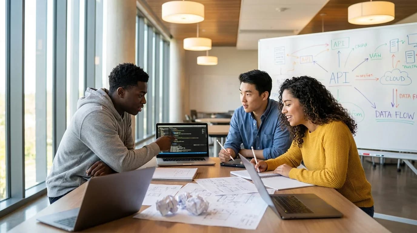 Three diverse individuals collaborate at a table with laptops and notes, discussing concepts related to information technology in a modern learning environment.