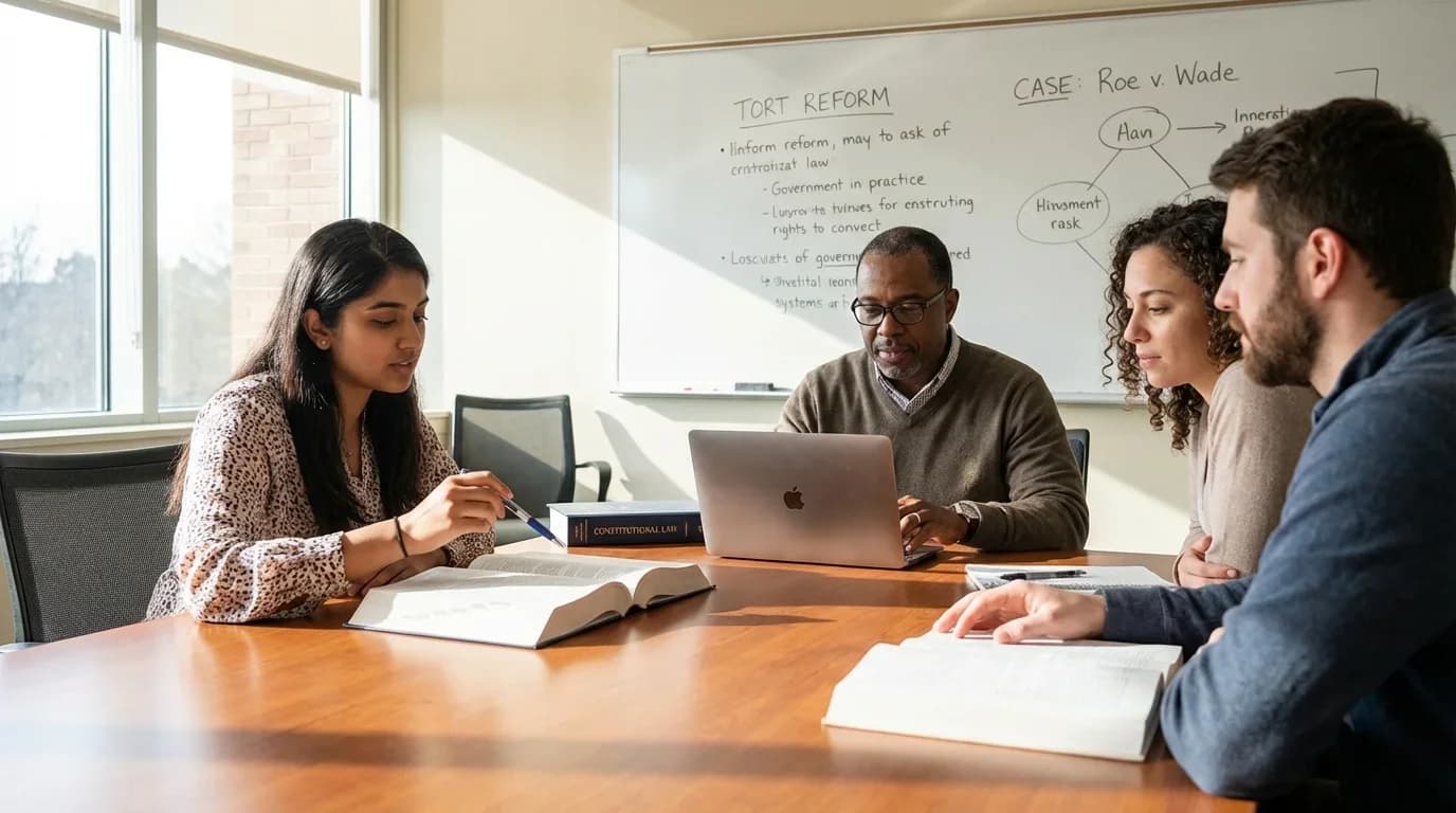A diverse group of four individuals engages in a law study session around a table, with textbooks and a laptop, discussing legal concepts.