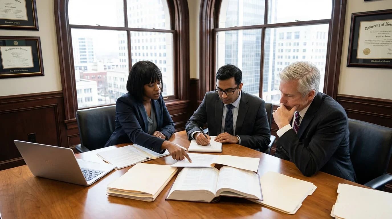 Three professionals collaborate in a law office, analyzing legal texts and documents, reflecting the focus of the OTHM Level 4 Diploma in Law.