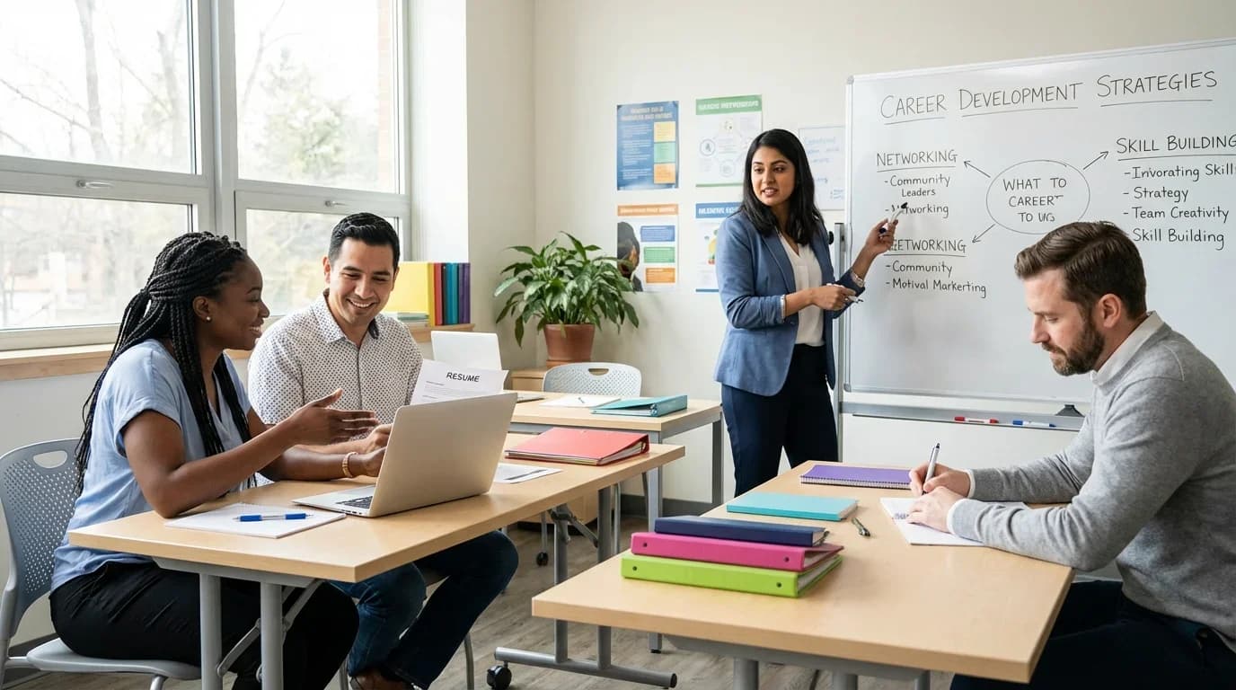 A diverse group of adults engages in a training session focused on career development strategies in a bright classroom setting.