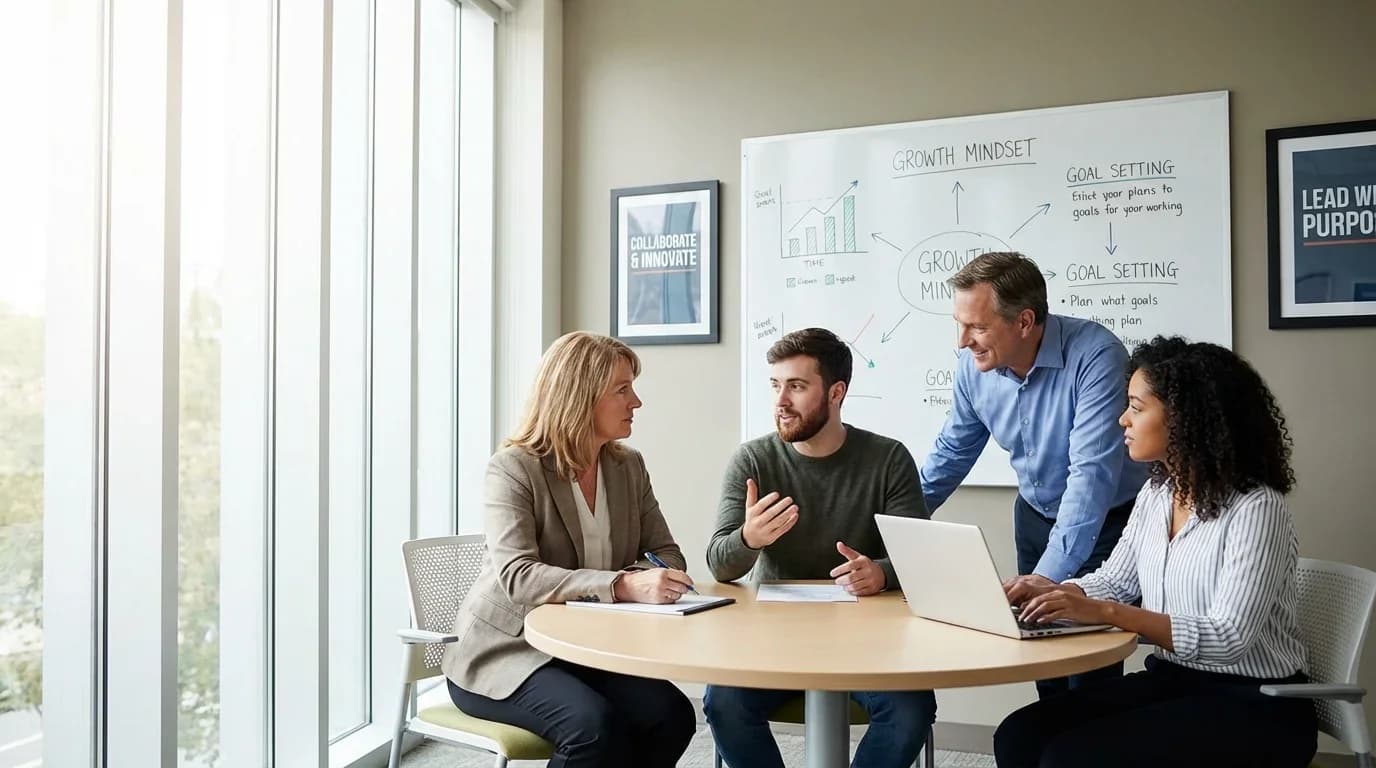 A diverse group of four professionals engage in a collaborative discussion around a table, with a whiteboard displaying coaching concepts in a bright office se…