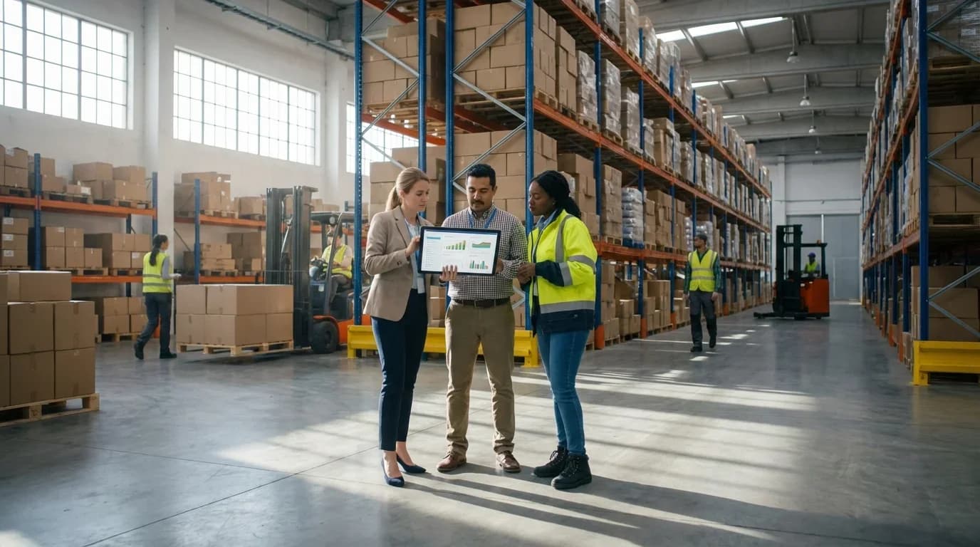 Three professionals discuss inventory data on a tablet in a busy warehouse, showcasing teamwork and practical application of inventory management skills.