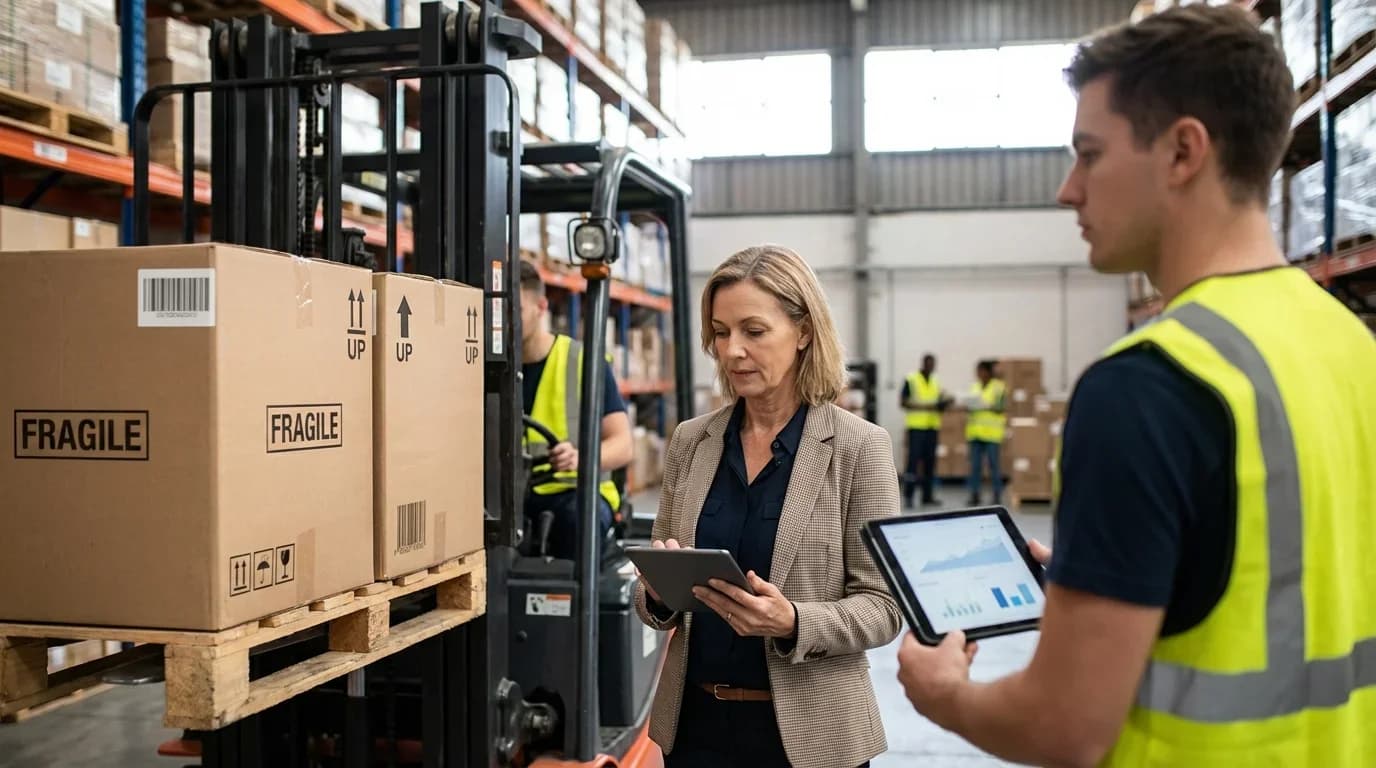 A woman and a man in safety vests analyze logistics data on tablets in a busy warehouse filled with boxes, highlighting supply chain management training.