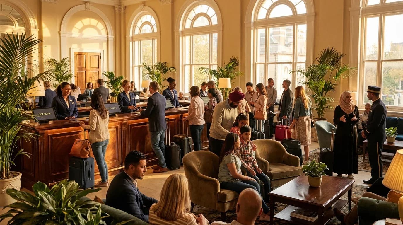 A busy hotel lobby with diverse guests checking in, showcasing hospitality interactions and a welcoming atmosphere relevant to tourism management training.